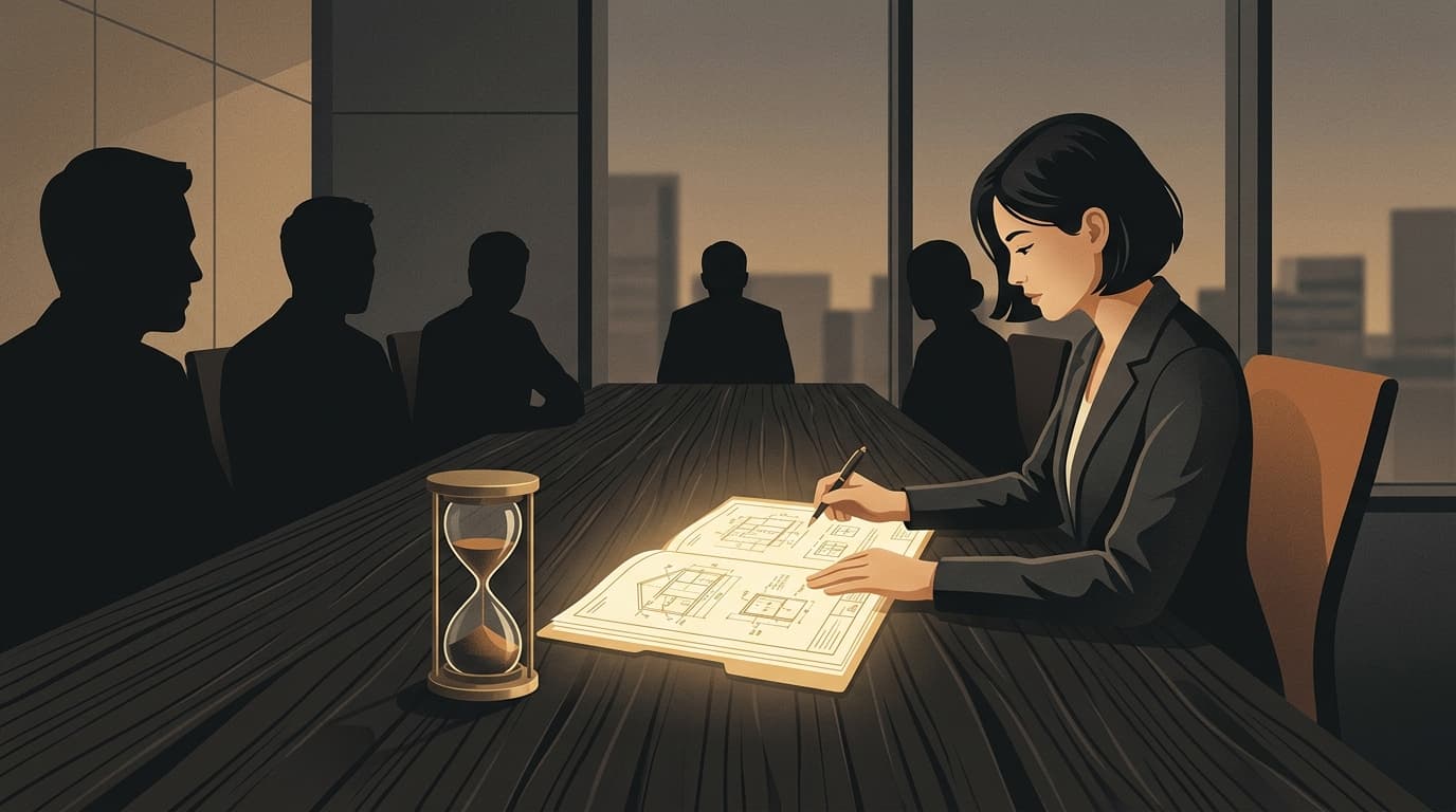 An engineering manager defends a candidate at a calibration table with an illuminated dossier and an hourglass.