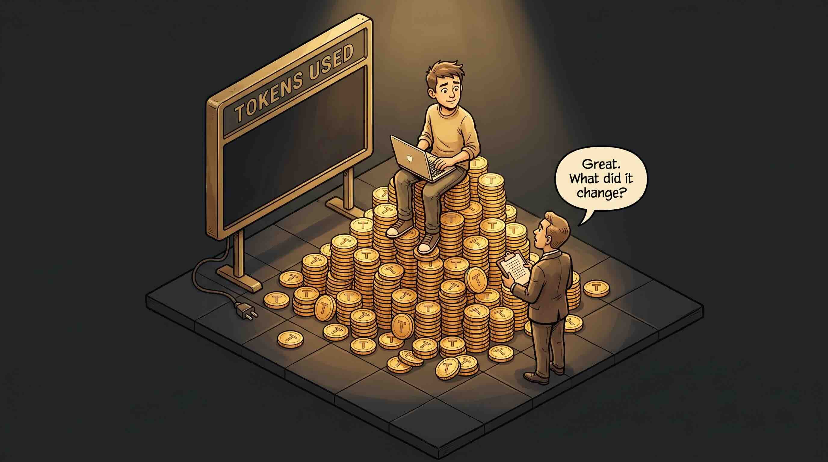 An engineer sits on a pile of token coins beside a switched-off token scoreboard while a manager asks what it changed.