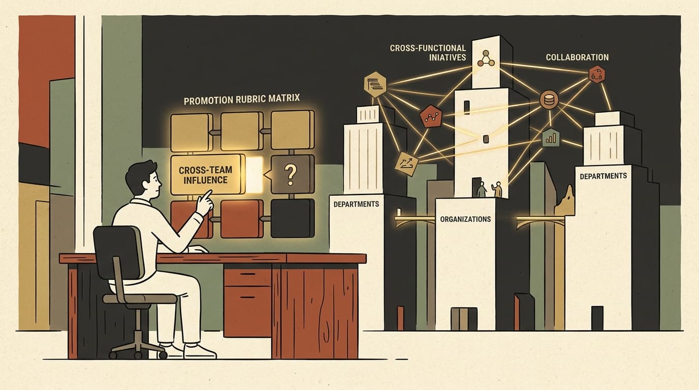 An engineer examining a promotion rubric matrix with a gap for cross-team influence beside connected organizational towers.